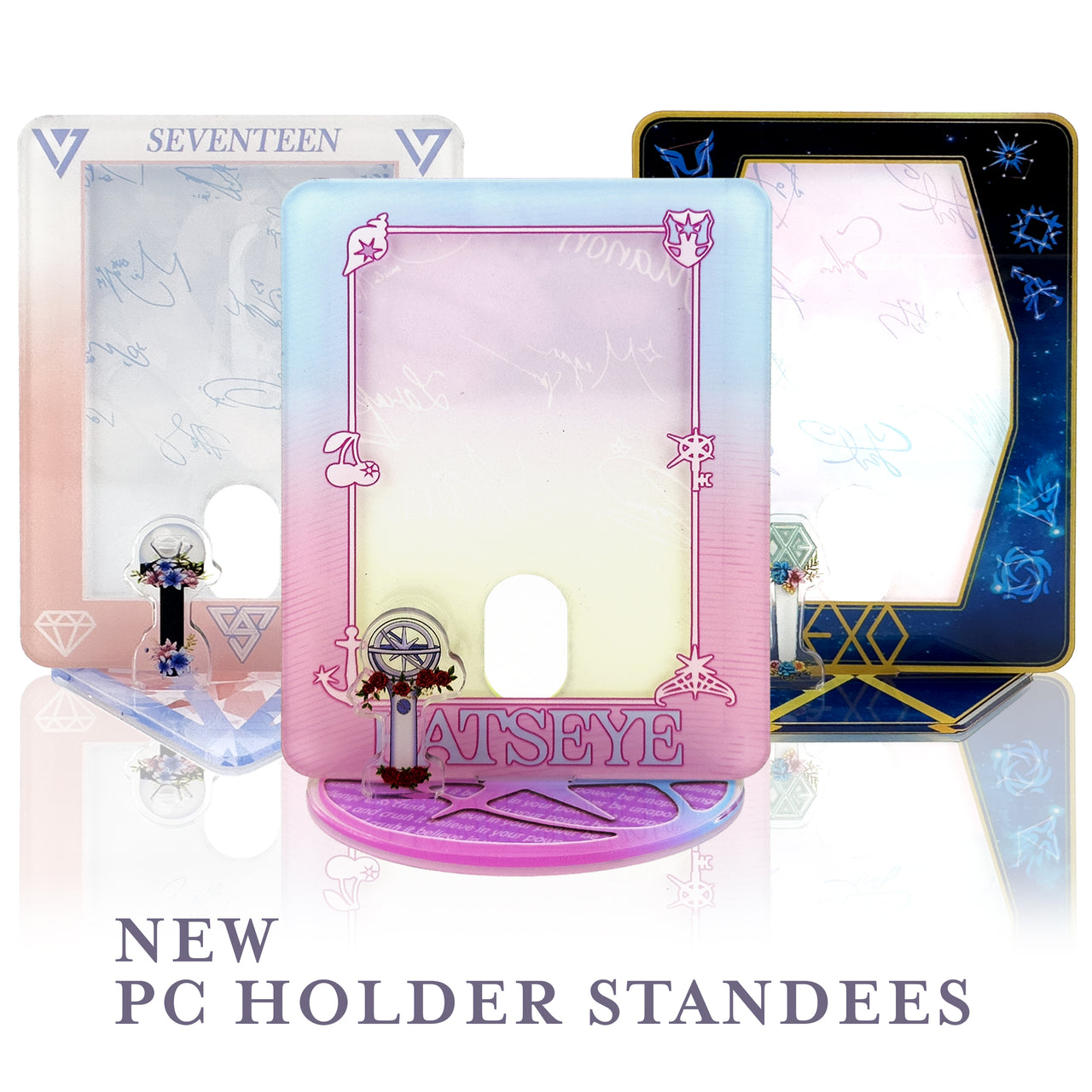 Three colorful PC holder standees with different designs on a white background