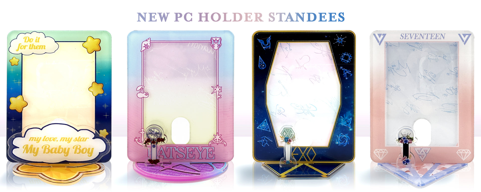 Four colorful PC holder standees with different designs on a white background